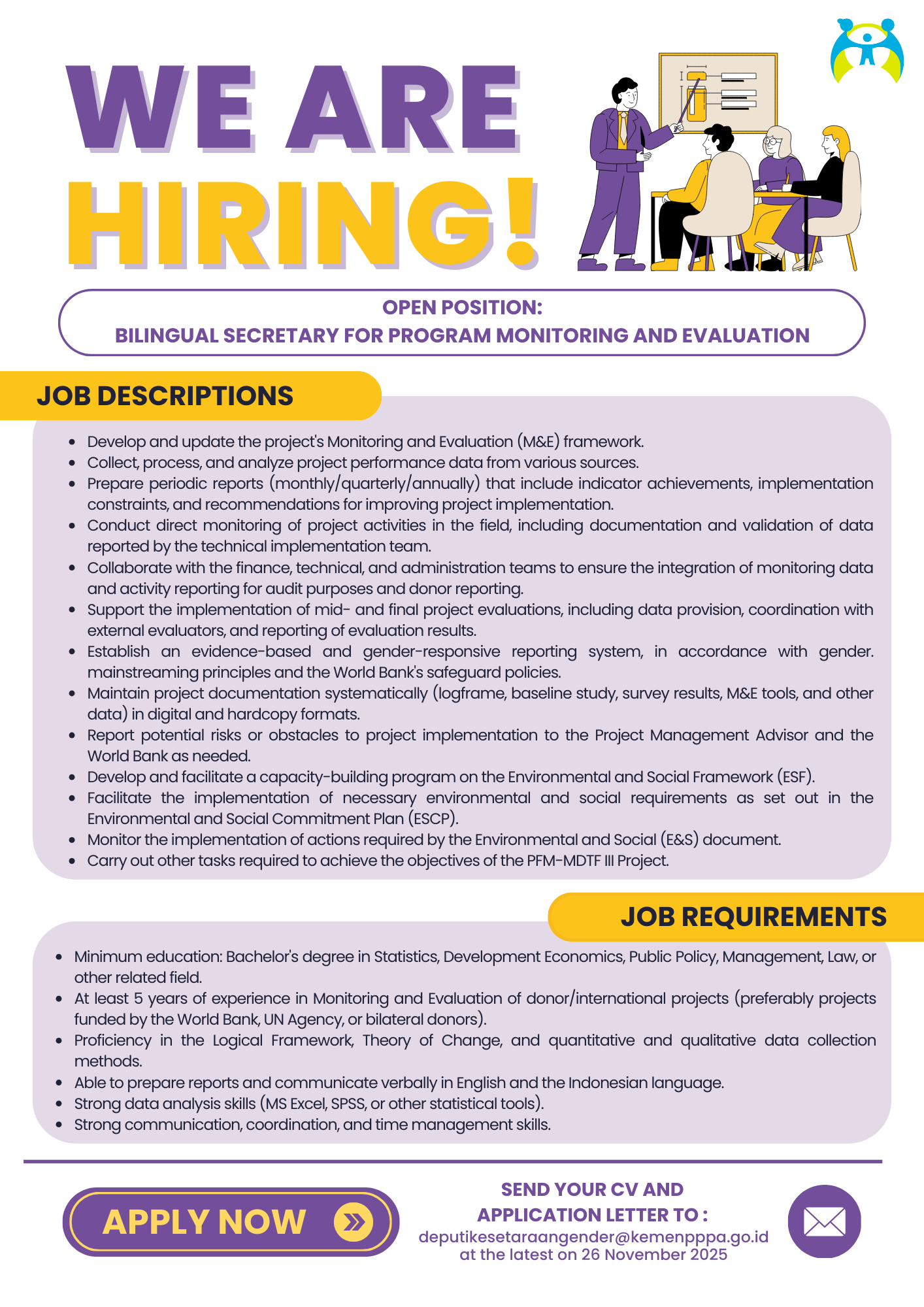 Pengumuman Rekrutmen Sekretaris Dwibahasa untuk Monitoring dan Evaluasi Program